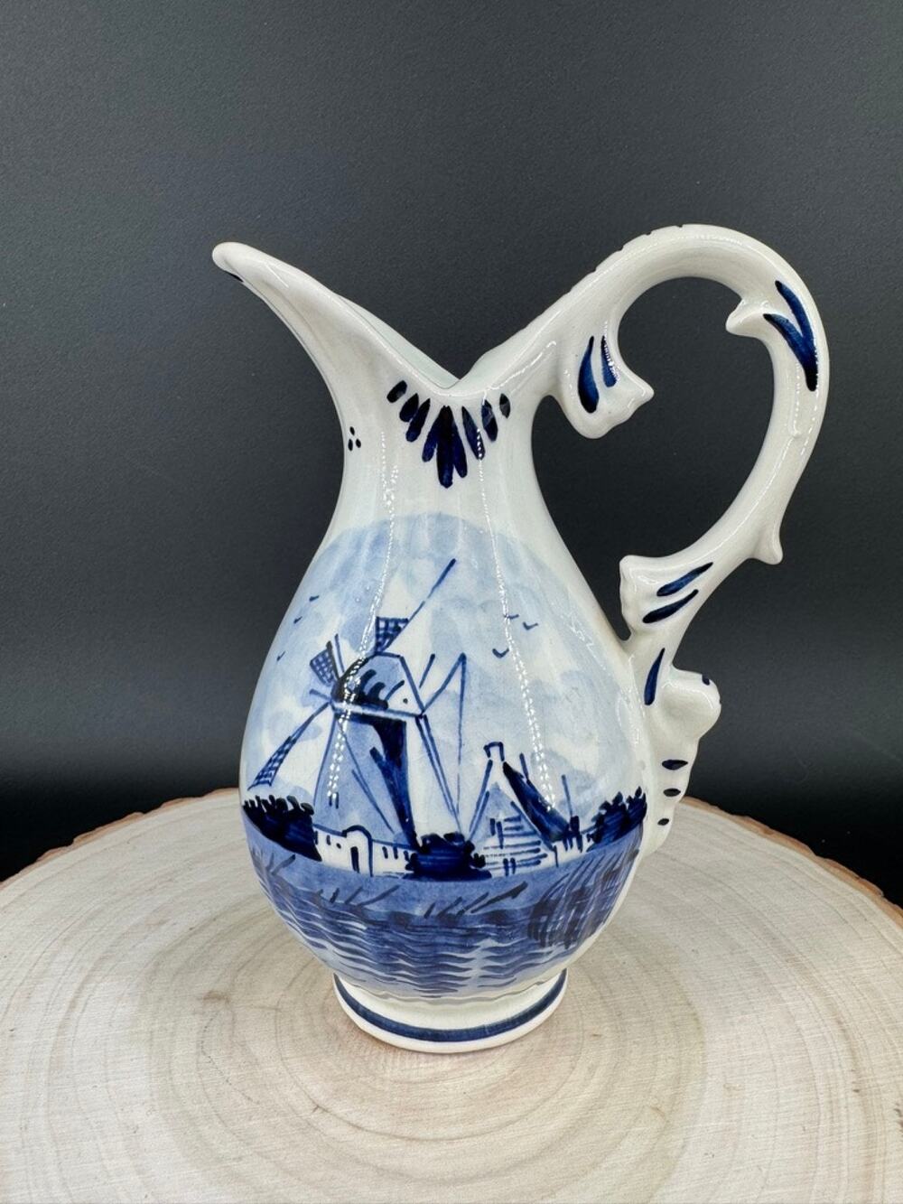 Vintage Delfts Holland Hand Painted Blue White Windmill Ewer Pitcher 6.5"